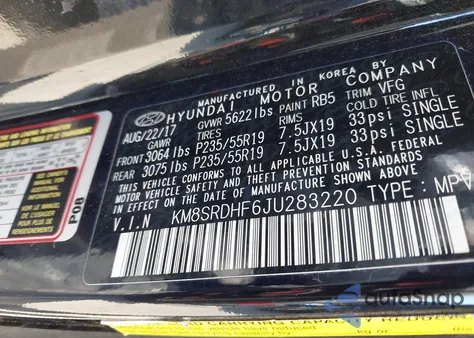 2018 Hyundai Santa Fe Se Ultimate z USA, uszkodzony, nr VIN KM8SRDHF6JU283220